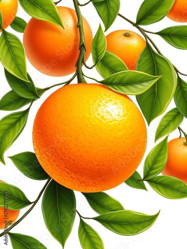 Ripe orange fruit illustration on a white background surrounded by green leaves, healthy eating, graphics