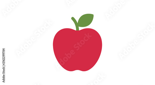 A red apple with a green leaf is depicted in a flat vector illustration