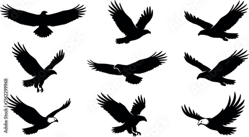 Nine eagle silhouettes in flight against a white background showcasing dynamic poses for aviation or freedom concepts