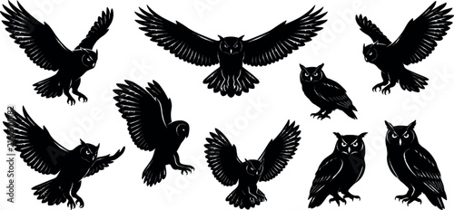 Owls in motion vector silhouette isolated on white background during flight for graphic design elements