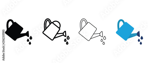 Watering Can Icons Showing Different Styles and Colors with Water Droplets Falling