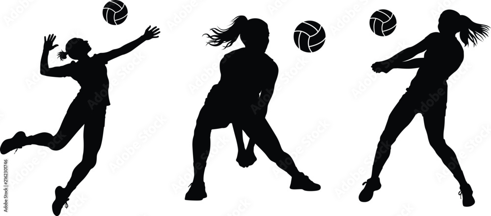 Fototapeta premium Women volleyball player silhouette vector set with serving, passing and spiking poses. Modern black sports design for logos, apparel, posters, branding, prints, decals and digital projects.