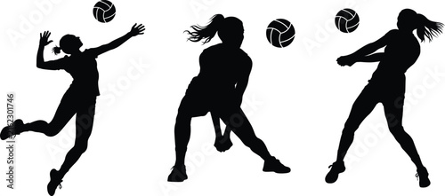 Cuadro en lienzo Women volleyball player silhouette vector set with serving, passing and spiking poses