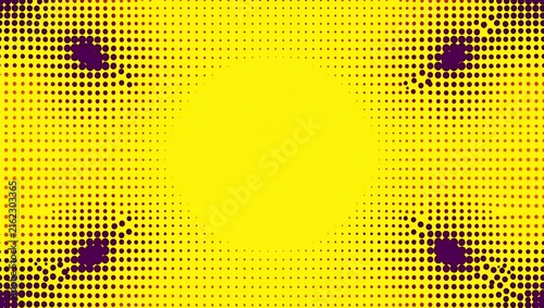 Abstract yellow background with purple dots and halftone pattern