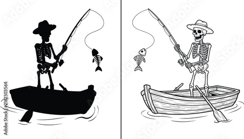 Skeleton Fisherman in Wooden Boat with Fishing Rod Silhouette and Vintage Engraving Vector Illustration