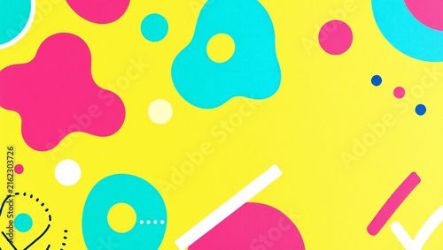 Abstract background with colorful liquid shapes and circles in a bright yellow setting