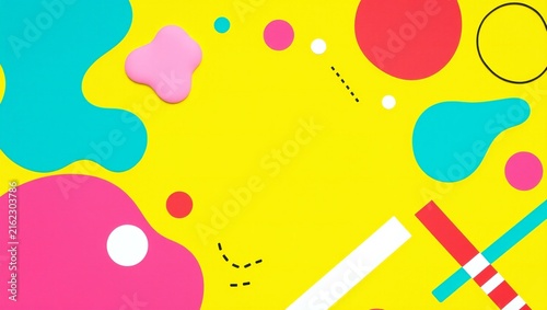 Abstract background with colorful liquid shapes and geometric elements on a bright yellow surface