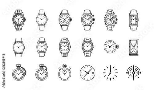 Photography Elegant Luxury Wristwatch and Timekeeping Outline Vector Icon Collection
