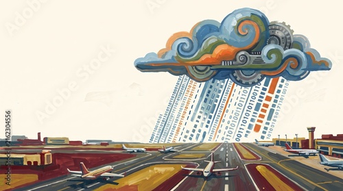 Abstract Cloud Database Raining Digital Flight Data Over Busy Airport Runway