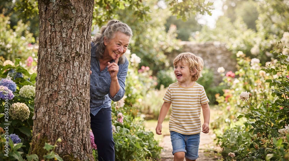 Fototapeta premium Happy Grandmother Playing Hide and Seek with Grandson in a Flower Garden
