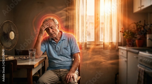 Elderly man suffering from extreme heat and exhaustion indoors with heatwave effect for heatstroke and senior health concept.