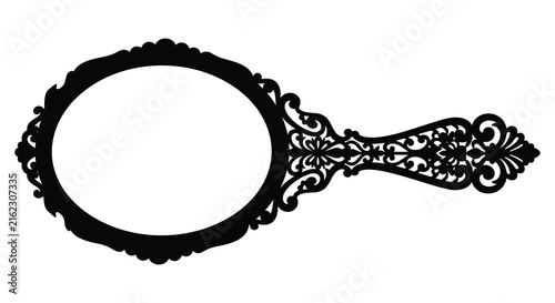 Ornate hand mirror with floral details is depicted as a silhouette