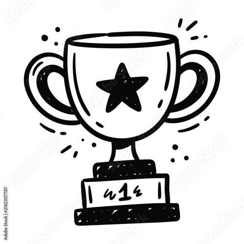 Hand drawn illustration of first place trophy award with star symbol champion achievement