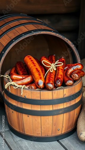 Rustic wooden barrel filled with smoked sausages and twine, sausage, twine
