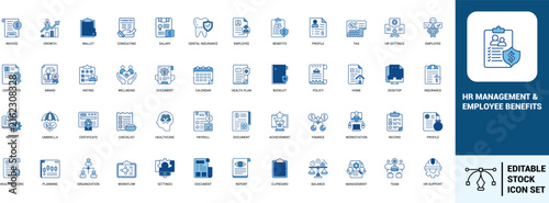 HR management employee benefits line art icons set invoice, growth, salary, dental insurance, employee, benefits, tax, payroll, Web icon, App icon, Outline icon, Editable stroke, line art, Vector EPS