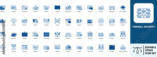 Firewall security line art icons set firewall, security, protection, network, cloud security, monitoring, access, certificate, dashboard, Web icon, App icon, Outline icon, Editable stroke, line art