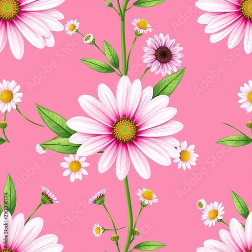 Seamless pattern with daisy, chamomile, pink flower on green branch on pink background, daisy icon sign vector, whimsical, signage