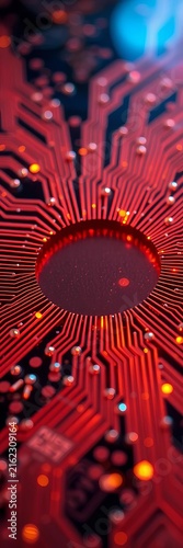 Shining circuit board fragments forming a circle, glowing lines, abstract shapes