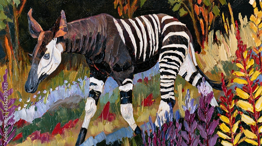 Naklejka premium Colorful Abstract Style Painting Of An Okapi Standing Amidst Vibrant Flora With Tall Striped Legs