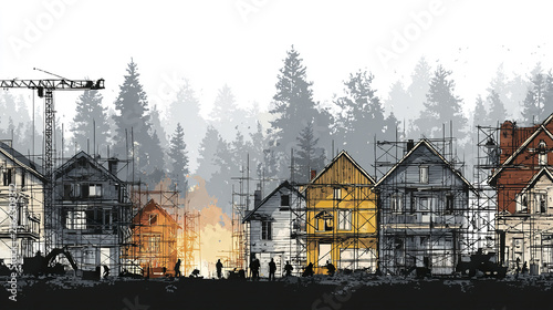 Cluster of buildings mid construction with scaffolding and workers at sunset
