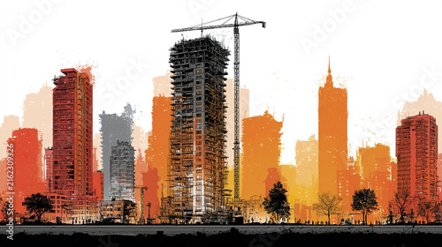 Construction site with high rise buildings and crane against colorful city skyline
