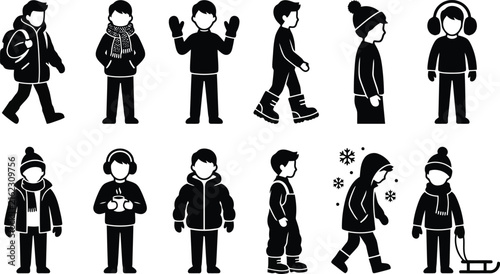 Set of black silhouettes depicting children dressed in winter clothing, wearing scarves, hats, and coats, playing in the snow on white background