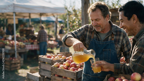 farmers' market and farm-to-table food delivery, a farmer pours fresh golden apple cider into a tasting glass for a Latin American customer, copy space for text about local eco-farms and producers