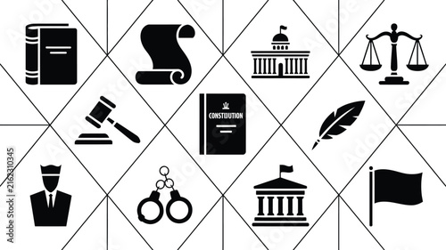 Fotografie Geometric legal system symbols vector illustration with judicial icons with arra
