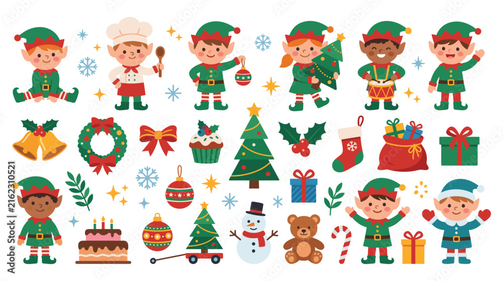 Fototapeta premium Christmas elf collection with holiday icons and stars.