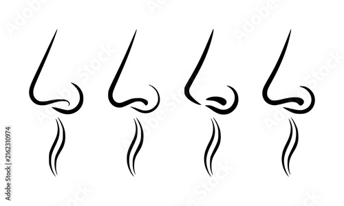 A set of four minimalist black and white line depicting human noses smelling something fragrant