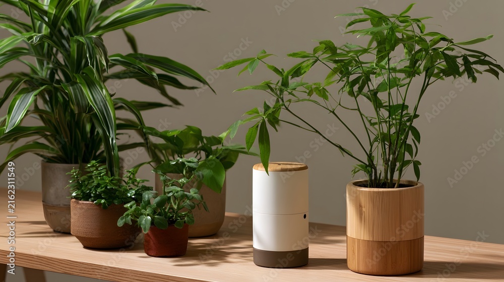 Fototapeta premium Several potted green plants arranged on a wooden surface with natural lighting and minimalist decor
