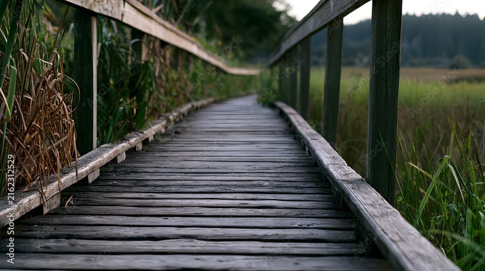 Fototapeta premium A weathered wooden boardwalk winds through tall grasses and reeds in a serene wetland landscape under soft natural light