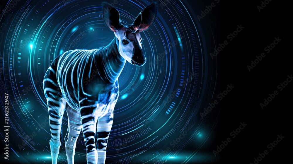 Naklejka premium Futuristic cybernetic Okapi standing in digital blue tech space