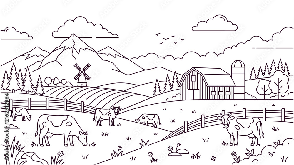 Fototapeta premium Farm life coloring page with barn and grazing cattle.