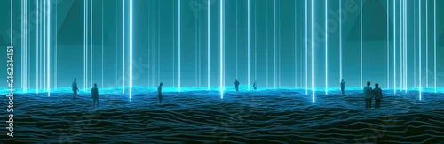 Panel kuchenny z motywem Figures amidst glowing blue pillars and abstract geometric shapes in a digital landscape