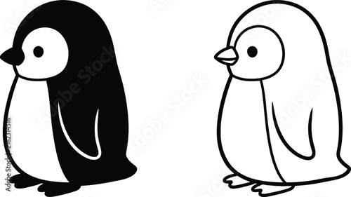 Penguins Standing on Ice, Black and White Vector Illustration