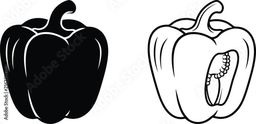 Pepper Illustration with a Cut-Open View, Showing Seeds Inside