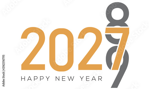 Minimal Happy New Year 2027 vector design with transition to 2028, 2029 in modern gold and ash color typography on white background.