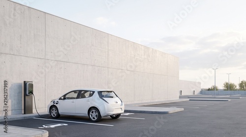 Fototapeta 充電ステーションに停車する電気自動車、EVインフラとエネルギー転換