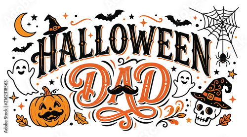 Halloween dad typography vector illustration with spooky ghost and pumpkin elements, halloween