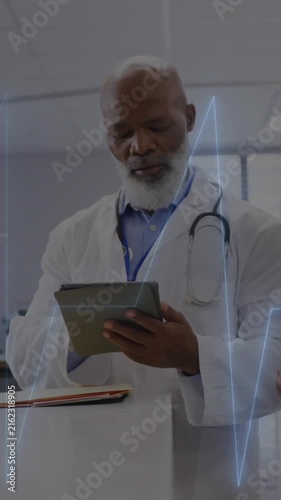 Animation of cardiograph over diverse doctors working at hospital