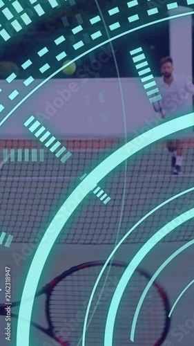 Animation of scope scanning and data processing over caucasian couple playing tennis