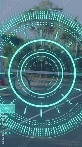 Animation of scope scanning and data processing over caucasian couple playing tennis