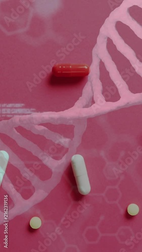 Animation of chemical structures, data processing and dna strand over pills