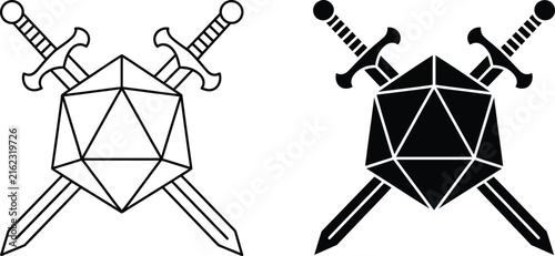Obraz na plátně Tabletop RPG D20 dice with crossed swords icon representing fantasy gaming, adventure, combat, warriors, and role playing vector design