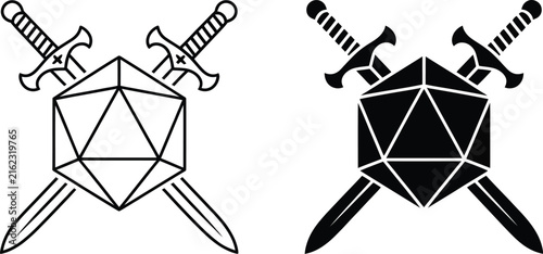 Fotografie Tabletop RPG D20 dice with crossed swords icon representing fantasy gaming, adventure, combat, warriors, and role playing vector design