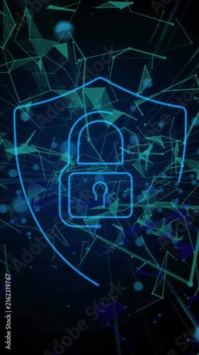 Security padlock icon over plexus networks against black background