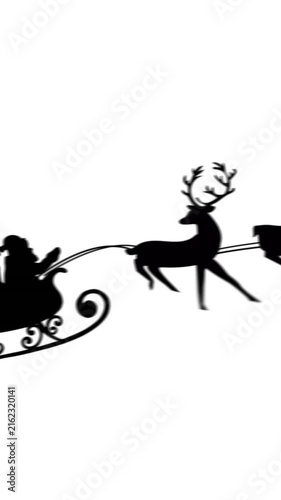 Animated silhouette of Santa and Christmas tree in sleigh on white background.