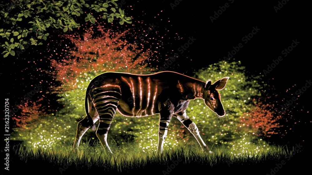 Naklejka premium Night Okapi Walking Under Fireflies in Grass