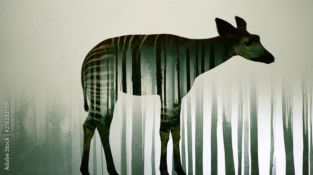 Naklejka premium Okapi silhouette double exposure tree